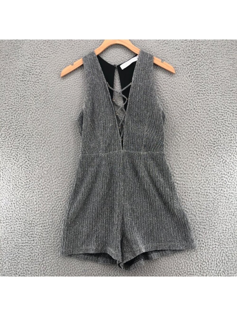 ASTR Romper Womens Small Silver Metallic Crinkle Lace Up Deep V Neck Cutout Back